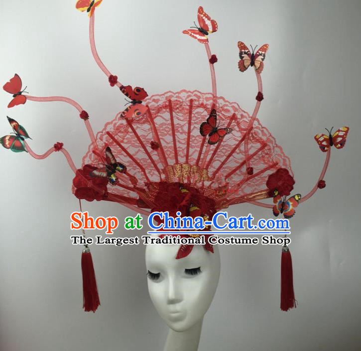 Chinese Traditional Catwalks Exaggerated Red Lace Butterfly Headdress Palace Hair Accessories for Women