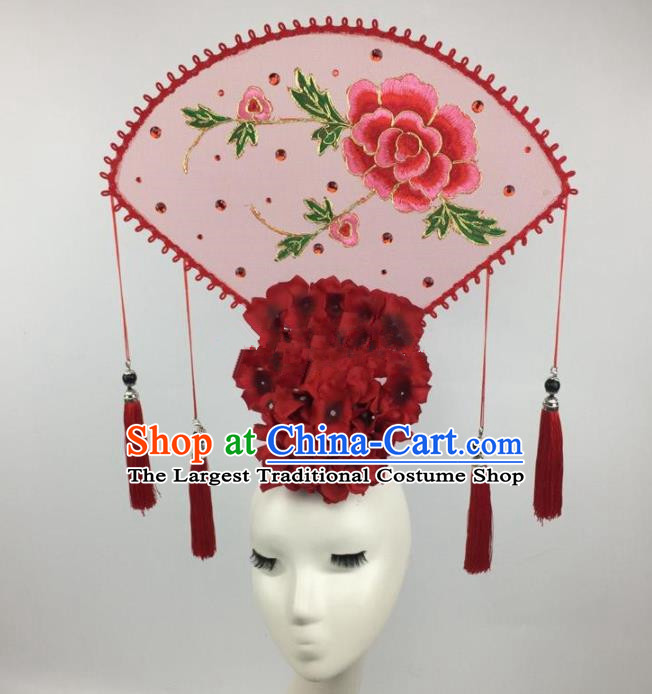 Chinese Traditional Exaggerated Palace Headdress Catwalks Embroidered Pink Peony Hair Accessories for Women