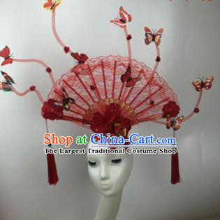 Chinese Traditional Catwalks Red Lace Butterfly Headdress Palace Exaggerated Hair Accessories for Women
