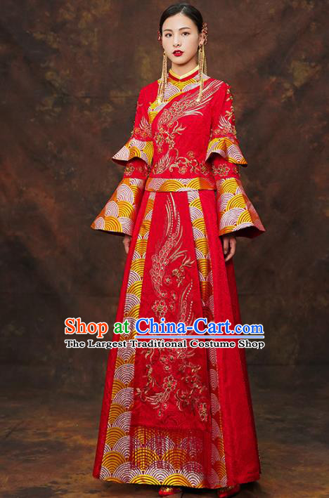 Chinese Traditional Wedding Red Costumes Ancient Bride Embroidered Xiuhe Suits for Women