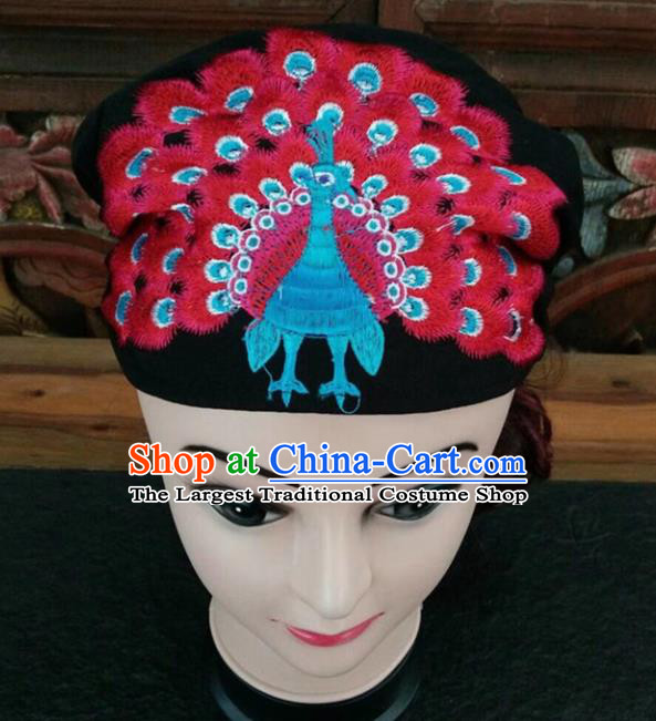 Chinese Traditional National Hat Ethnic Yi Nationality Embroidered Red Peacock Kerchief for Women