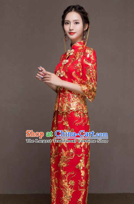 Chinese Traditional Wedding Costumes Ancient Bride Embroidered Red Dress for Women