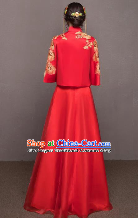 Chinese Traditional Wedding Costumes Ancient Bride Embroidered Peacock Red Xiuhe Suits for Women