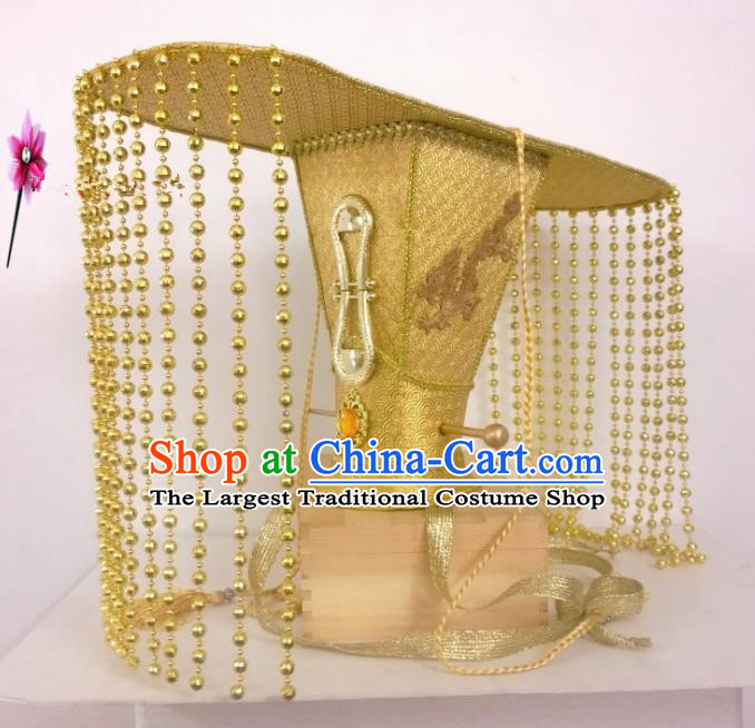 Chinese Traditional Hanfu Headdress Ancient Qin Dynasty Emperor Tuinga Golden Hat for Men