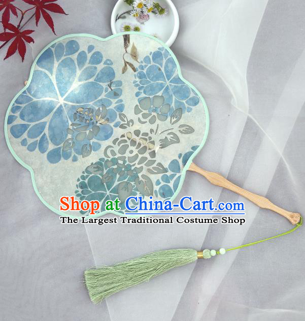 Traditional Chinese Crafts Palace Fans Printing Fans Ancient Blue Silk Fan for Women