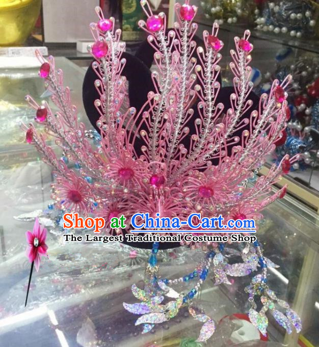 Chinese Classical Princess Hair Accessories Traditional Ancient Beijing Opera Pink Phoenix Coronet for Women