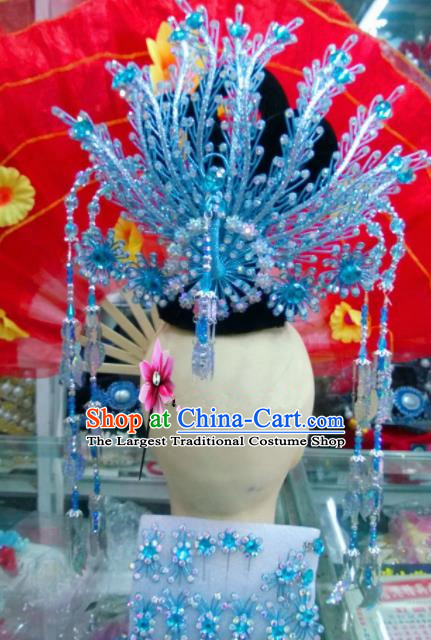 Chinese Classical Beijing Opera Princess Hair Accessories Traditional Ancient Blue Phoenix Coronet for Women