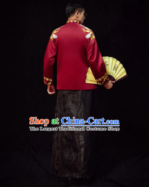 Chinese Traditional Wedding Costumes Ancient Bridegroom Wine Red Long Gown for Men