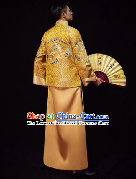 Chinese Traditional Wedding Costumes Ancient Bridegroom Yellow Long Gown for Men