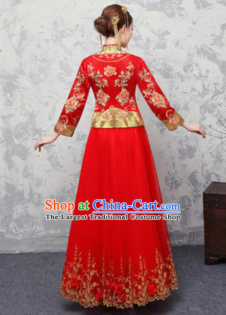Traditional Chinese Wedding Costumes Ancient Bride Embroidered Peony Red Dress for Women