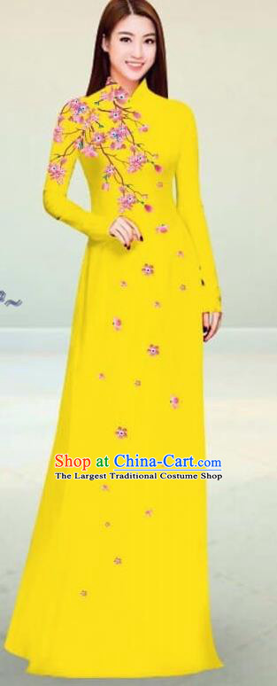 Asian Vietnam Traditional Yellow Cheongsam Vietnamese Classical Ao Dai Qipao Dress for Women