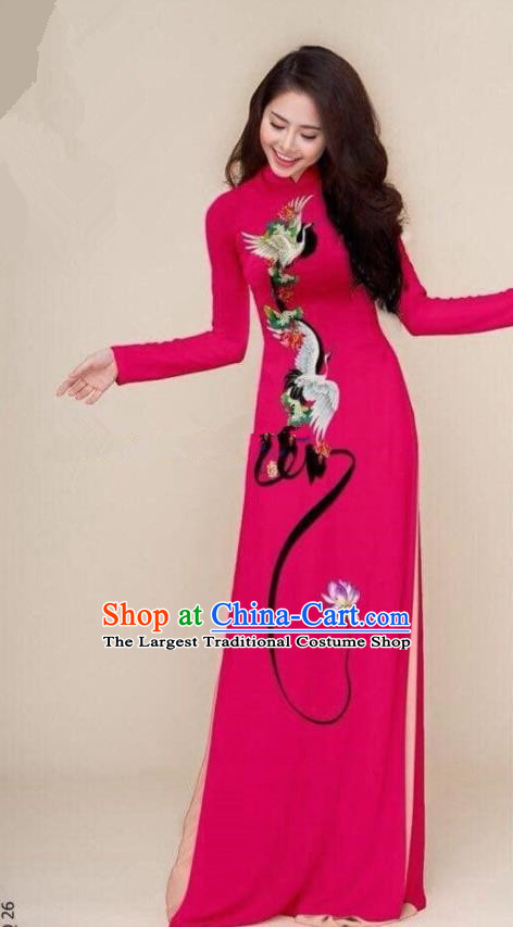 Asian Vietnam Traditional Printing Cranes Rosy Cheongsam Vietnamese Classical Ao Dai Qipao Dress for Women