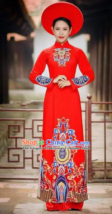 Asian Vietnam Traditional Bride Red Cheongsam Vietnamese Classical Ao Dai Qipao Dress for Women