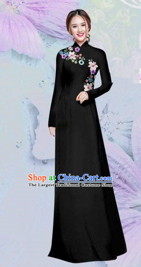 Asian Vietnam Traditional Cheongsam Vietnamese Classical Black Ao Dai Qipao Dress for Women