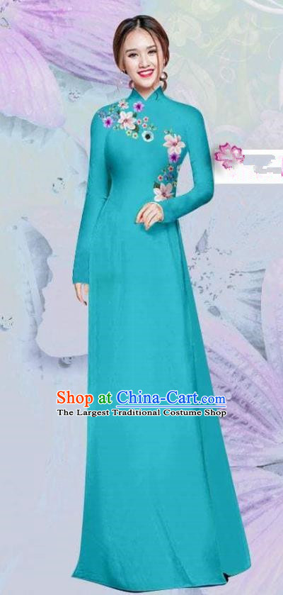 Asian Vietnam Traditional Cheongsam Vietnamese Classical Blue Ao Dai Qipao Dress for Women
