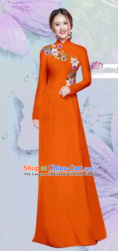 Asian Vietnam Traditional Cheongsam Vietnamese Classical Orange Ao Dai Qipao Dress for Women