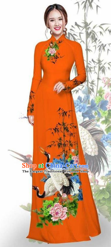 Asian Vietnam Traditional Printing Crane Peony Orange Cheongsam Vietnamese Ao Dai Qipao Dress for Women