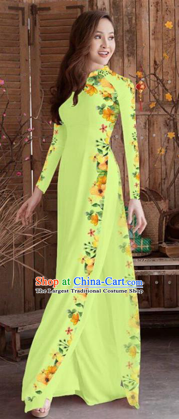 Asian Vietnam Traditional Printing Cheongsam Vietnamese Green Ao Dai Qipao Dress for Women