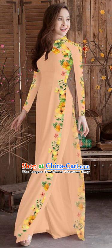Asian Vietnam Traditional Printing Cheongsam Vietnamese Champagne Ao Dai Qipao Dress for Women