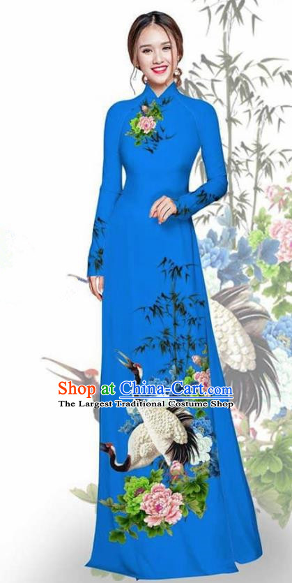 Asian Vietnam Traditional Printing Crane Peony Deep Blue Cheongsam Vietnamese Ao Dai Qipao Dress for Women