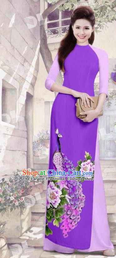 Asian Vietnam Traditional Purple Cheongsam Vietnamese Printing Peacock Ao Dai Qipao Dress for Women
