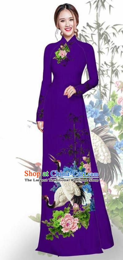 Asian Vietnam Traditional Printing Crane Peony Purple Cheongsam Vietnamese Ao Dai Qipao Dress for Women