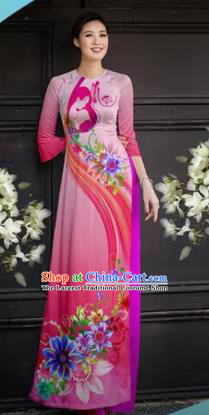 Asian Vietnam Traditional Printing Pink Cheongsam Vietnamese Ao Dai Qipao Dress for Women