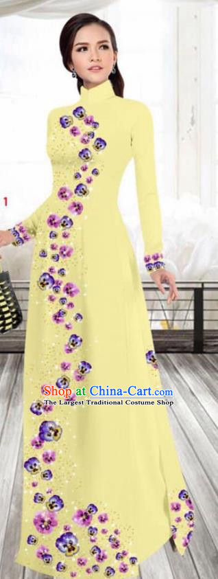 Asian Vietnam Traditional Female Costume Vietnamese Printing Yellow Cheongsam Ao Dai Qipao Dress for Women