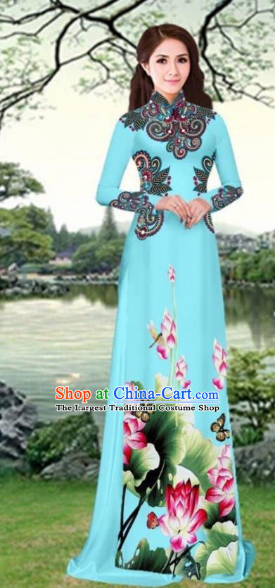 Asian Traditional Vietnam Female Costume Vietnamese Printing Lotus Blue Cheongsam Ao Dai Qipao Dress for Women