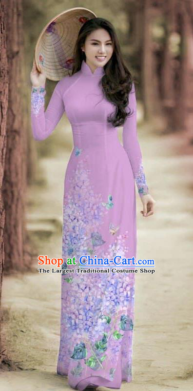 Asian Traditional Vietnam Female Costume Vietnamese Bride Cheongsam Lilac Ao Dai Qipao Dress for Women