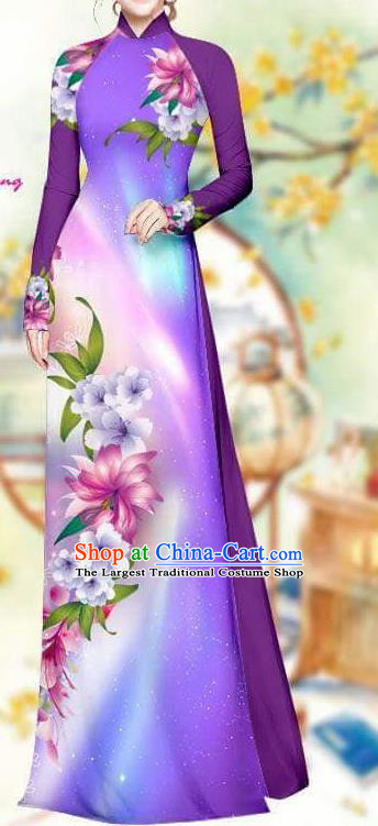 Asian Traditional Vietnam Female Costume Vietnamese Bride Purple Cheongsam Ao Dai Qipao Dress for Women