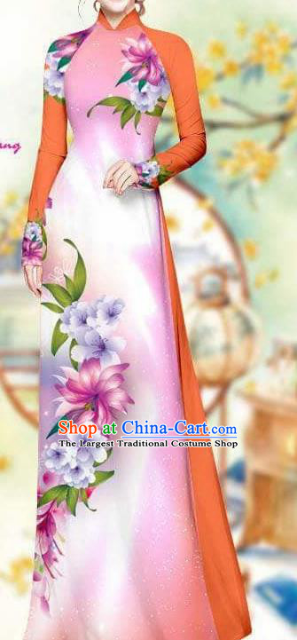 Asian Traditional Vietnam Female Costume Vietnamese Bride Pink Cheongsam Ao Dai Qipao Dress for Women