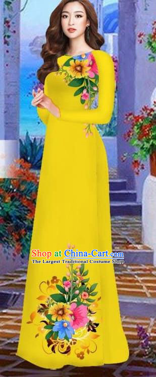 Asian Vietnam Traditional Female Costume Vietnamese Bright Yellow Cheongsam Printing Ao Dai Qipao Dress for Women
