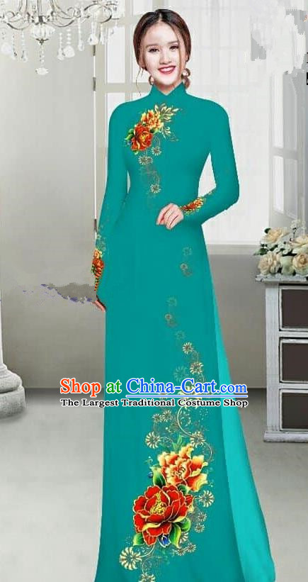 Asian Traditional Vietnam Female Ao Dai Costume Vietnamese Bride Printing Peony Green Cheongsam for Women