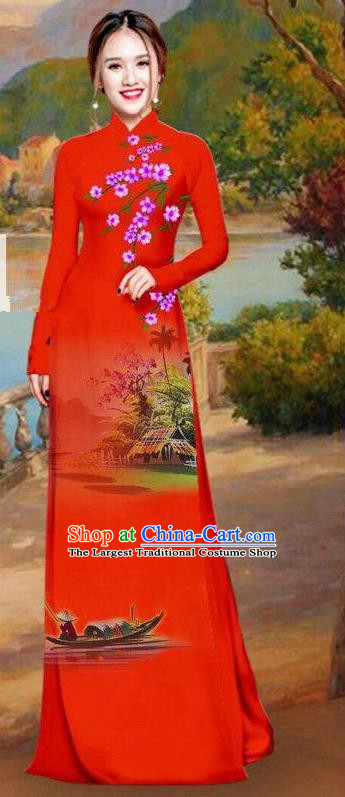 Asian Traditional Vietnam Bride Costume Vietnamese Printing Red Ao Dai Cheongsam for Women