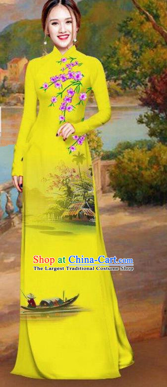 Asian Traditional Vietnam Bride Costume Vietnamese Printing Yellow Ao Dai Cheongsam for Women