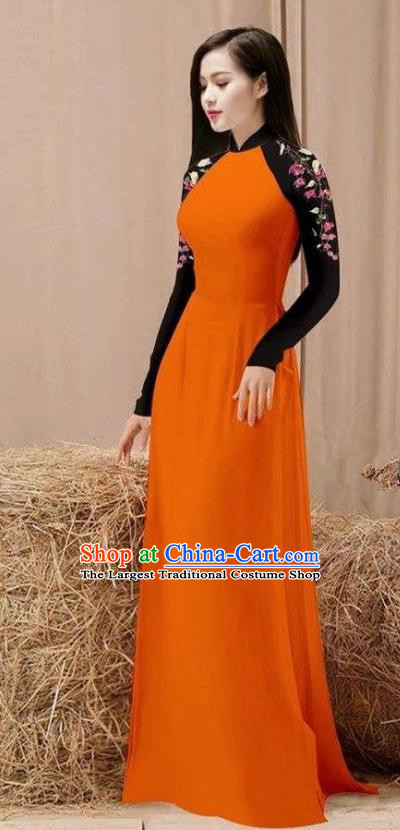 Vietnam Traditional Costume Orange Ao Dai Qipao Dress Vietnamese Cheongsam for Women