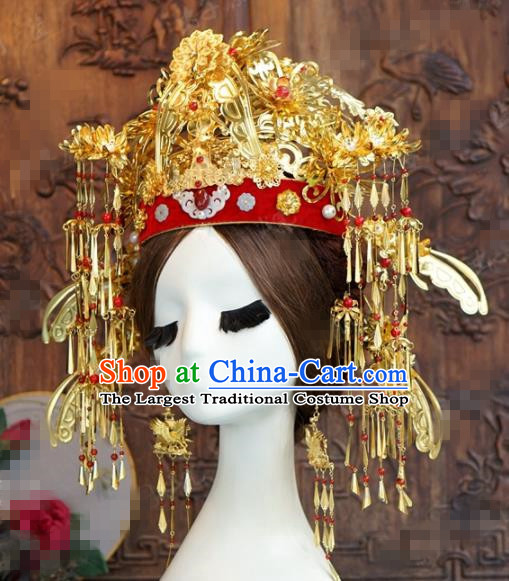 Chinese Ancient Queen Golden Phoenix Coronet Wedding Bride Hairpins Headdress for Women