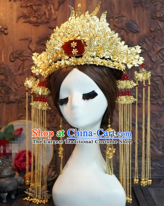 Chinese Ancient Queen Golden Luxurious Phoenix Coronet Wedding Bride Headdress Hairpins for Women