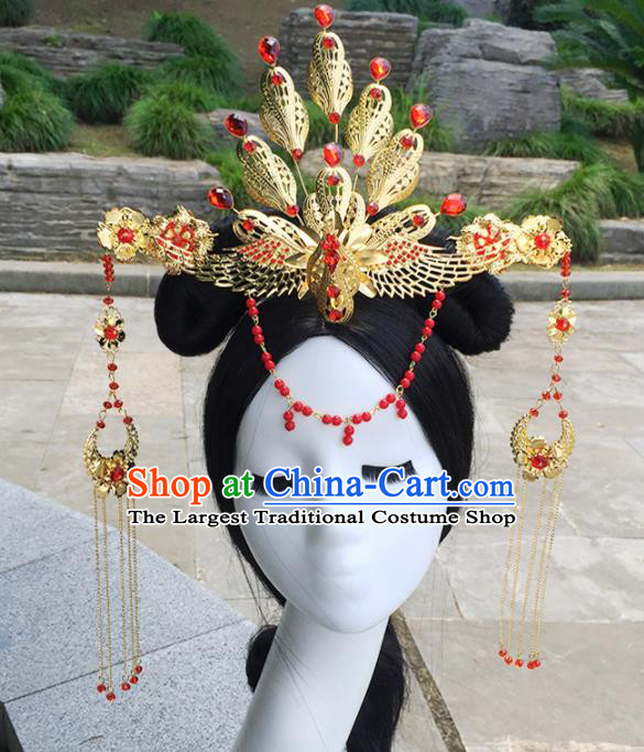 Chinese Ancient Tang Dynasty Hair Accessories Golden Phoenix Coronet Tassel Hairpins for Women