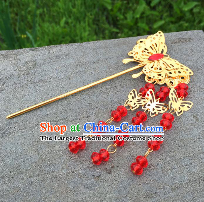 Chinese Ancient Tang Dynasty Queen Hair Accessories Golden Butterfly Tassel Hairpins for Women