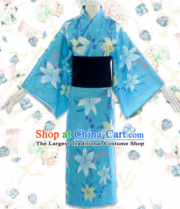 Japanese Traditional Cosplay Costumes Japan Kimono Blue Robe for Women