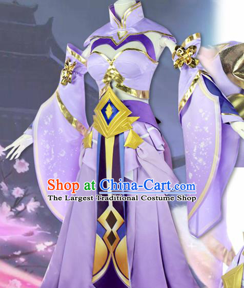 Chinese Traditional Cosplay Female Knight Costumes Ancient Swordswoman Purple Dress for Women