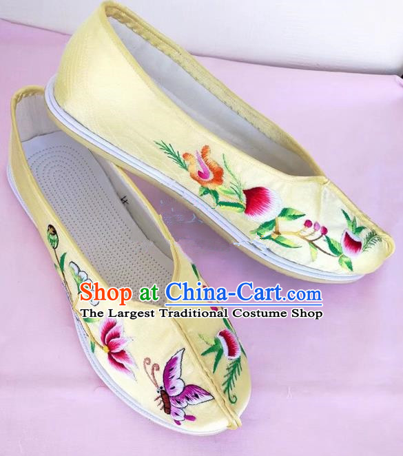 Chinese Traditional Hanfu Shoes Yellow Embroidered Shoes Handmade Cloth Shoes for Women