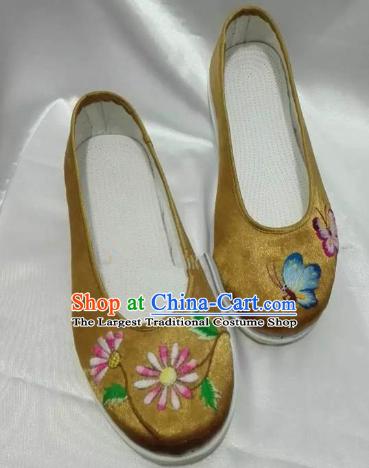 Chinese Traditional Hanfu Shoes Embroidered Peony Shoes Handmade Golden Satin Shoes for Women