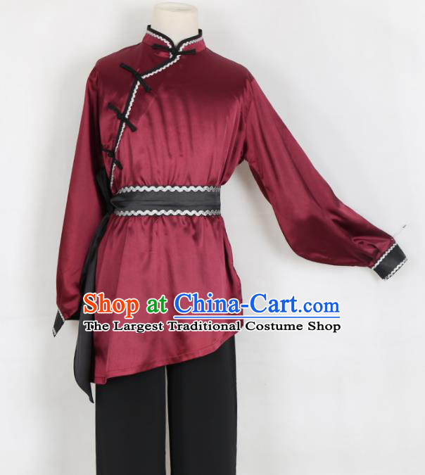 Chinese Traditional Mongolian Folk Dance Clothing Classical Dance Wine Red Costume for Men