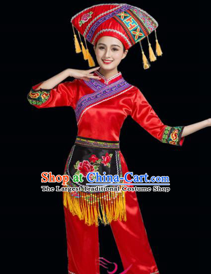 Chinese Yi Ethnic Minority Red Embroidered Clothing Traditional Zhuang Nationality Folk Dance Costumes for Women
