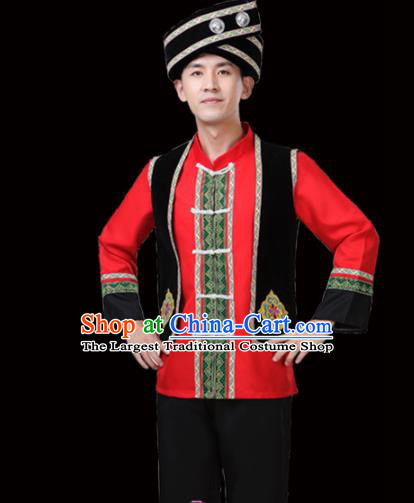 Chinese Traditional Miao Nationality Folk Dance Clothing Ethnic Dance Embroidered Red Costumes for Men