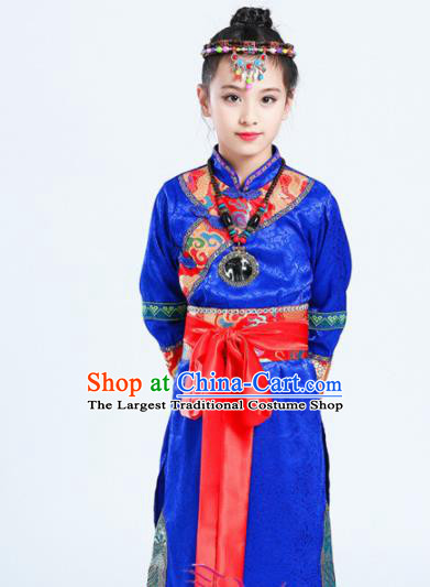 Chinese Traditional Mongolian Minority Folk Dance Clothing Ethnic Dance Royalblue Costumes for Kids