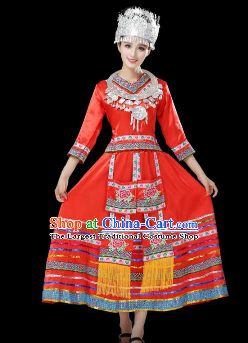 Chinese Hmong Ethnic Minority Red Dress Traditional Miao Nationality Folk Dance Costumes for Women